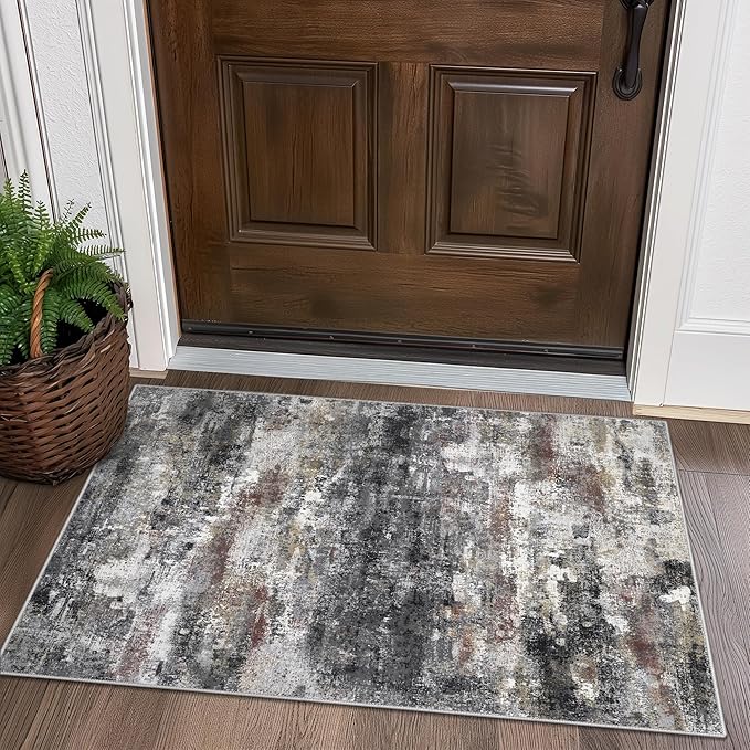 2x3 Rugs for Entryway Entrance Kitchen Bathroom, Machine Washable Modern Abstract Soft Area Rug, Indoor Floor Carpet with Non Slip Rubber Backing, Dark Gray