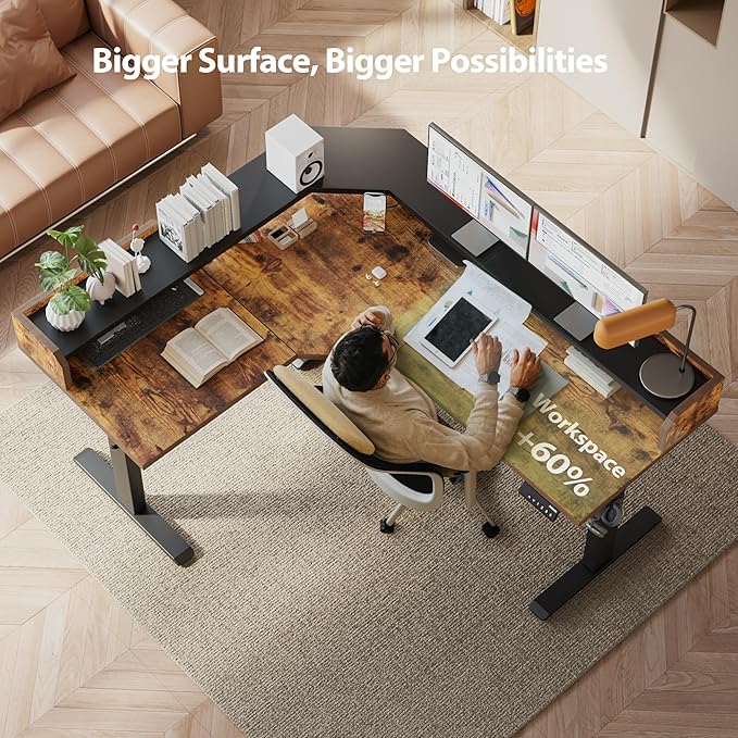 Agilestic L Shaped Standing Desk, Adjustable Height Corner Gaming Desk with Shelf, Sit Stand Up Desk, 63 x 55 Inch Home Office Computer Table, Rustic Brown