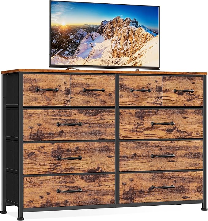 Furnulem Bedroom Dresser for 55”Long TV Stand,10 Storage Organizer Dressers & Chests of Drawers, Sturdy Metal Frame & Wood Top Tall Storage Cabinet for Bedroom Closet Living Room Entryway Rustic Brown