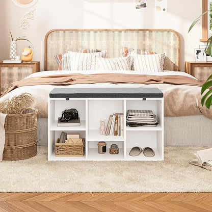 Shoe Bench, Storage Bench with Padded Seat, 6 Cubbies Storage Entryway Bench, for Living Room, Bedroom, Hallway,White