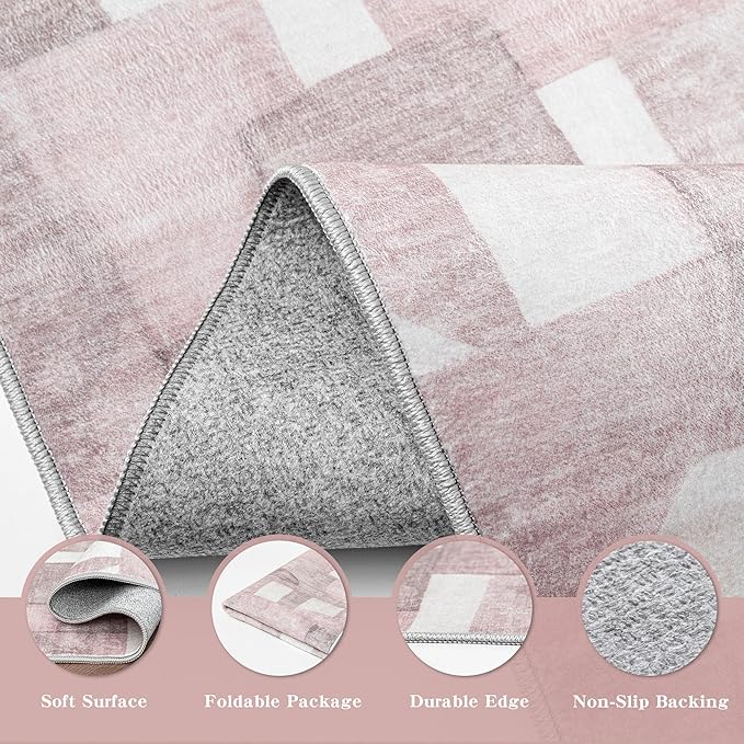 8X10 Area Rugs Modern Abstract Large Carpet for Living Room Bedroom Dining Room Office Nursery, Non Slip Washable Pink Rugs 8X10 Geometric Pattern Thin 8 by 10 Indoor Home Decor Pet & Child Friendly