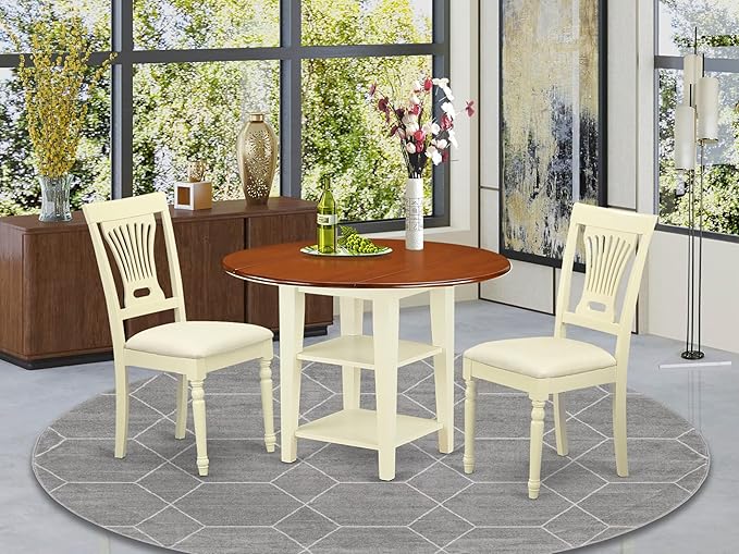 East West Furniture SUPL3-BMK-C 3 Piece Dining Table Set Contains a Round Dining Room Table with Dropleaf & Shelves and 2 Linen Fabric Upholstered Chairs, 42x42 Inch, Buttermilk & Cherry