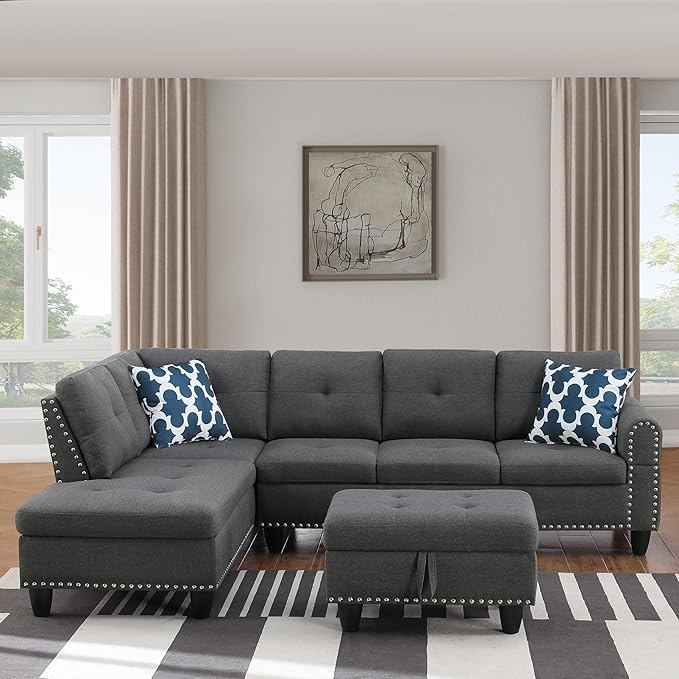 Ball & Cast 98" L Shaped Modular Sectional Couch for Living Room with Chaise & Storage Ottoman,4 Seat Linen Upholstered Sectional Sofa Set 3 PCS W/Cup Holders & Coffee Table,for Home,Office,Dark Gray