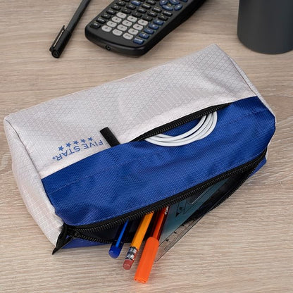 Five Star Pencil Pouch 9-Pocket Zipper Storage Organizer Case for Office Supplies Earbuds Chargers Cables Makeup, Tan/Blue (505600C)