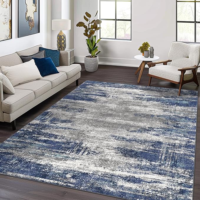 Area Rugs 6x9 for Living Room Bedroom, Modern Abstract Machine Washable Rug, Large Soft Low Pile Floor Cover with Non Slip Backing for Dining Room, Navy Blue Gray