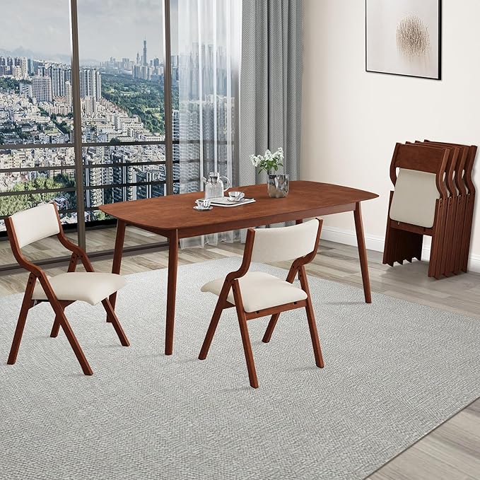 Folding Dining Chairs Set of 2, Upholstered Kitchen Chair with Padded Seat & Backrest, Modern Side-Chair with Wood Legs for Home Office Living Room,No Assembly Needed,Cream White+Cherry