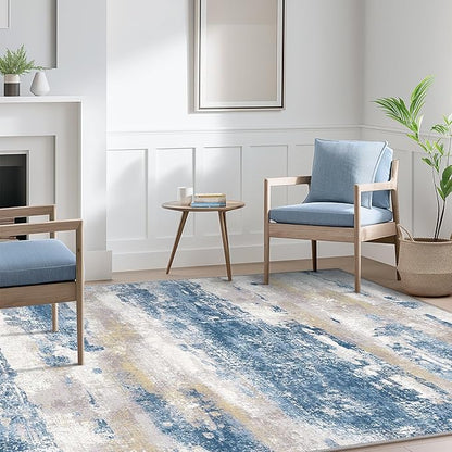 Area Rugs 5x7 for Living Room Bedroom, Modern Abstract Machine Washable Soft Blue Rug, Floor Carpet with Non Slip Backing for Dining Room