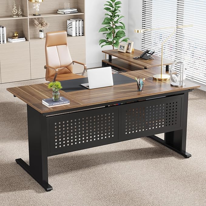 LITTLE TREE Large Computer Desk with File Cabinet, 63 Inch L Shaped Executive Office Desk with Drawers and Storage Shelves, Business Furniture Workstation for Home Office