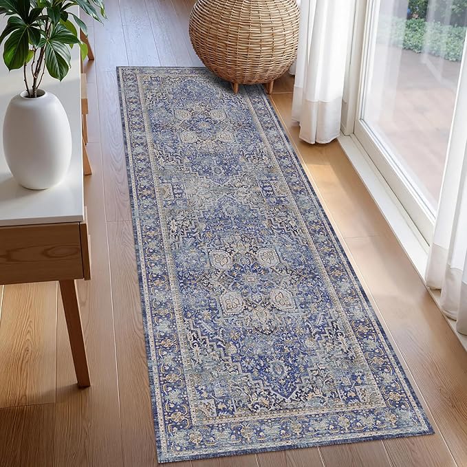 Washable Area Rug 2'6'' x 8' Vintage Traditional Persian Mat - Foldable Distressed Non-Slip Machine Washable Carpet for Living Room Bedroom Kitchen Home Decor - Indigo and Gold