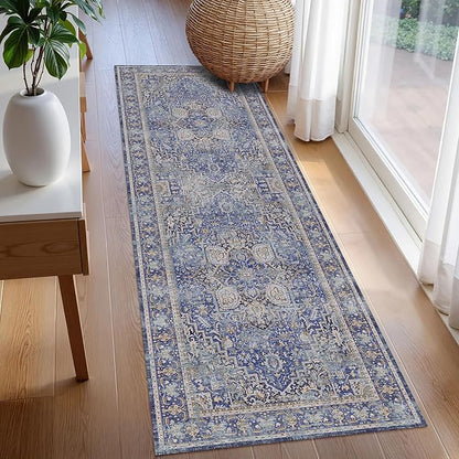 Washable Area Rug 2'6'' x 8' Vintage Traditional Persian Mat - Foldable Distressed Non-Slip Machine Washable Carpet for Living Room Bedroom Kitchen Home Decor - Indigo and Gold