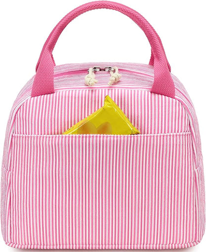 LEDAOU Lunch Box for Women Insulated Lunch Bag Corduroy Lunch Tote Bags Leakproof Cooler Lunch Case for Travel Work Picnic (K-Stripes-Pink)