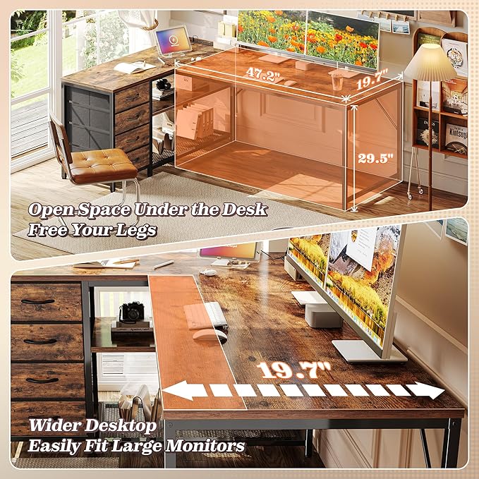 PRAISUN 61" L Shaped Desk with Power Outlets and USB-C Port, Reversible Computer Corner Office Desk with 4 Fabric Drawers and 2 Height-Adjustable Shelves, Large for Gaming Writing Study, Rustic Brown