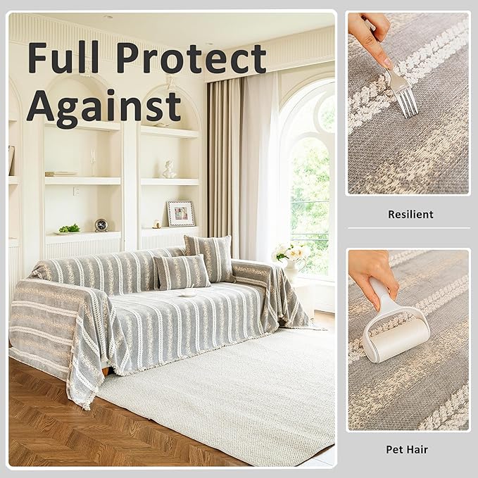 Couch Cover for Dogs Washable Sofa Cover, Sectional Couch Covers, Sofa Covers for 2 Cushion Couch, Non Slip Stripe Sofa Slipcovers Furniture Protector, Couch Protector from Cat Claws, Light,75''x150''