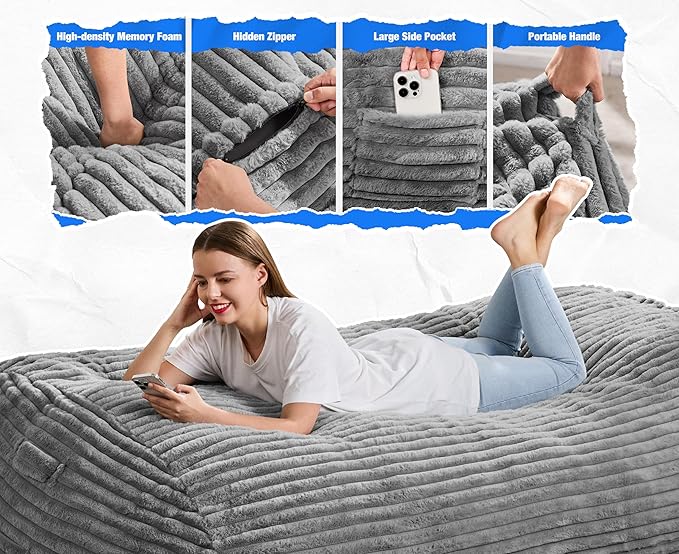 Hobestluk 6FT Bean Bag Chairs Adult Bean Bag with Portable Handle Comfy Large Bean Bag Lounge Chair with Removable Cover for Living Room Bedroom (Stripe Grey, 6FT)