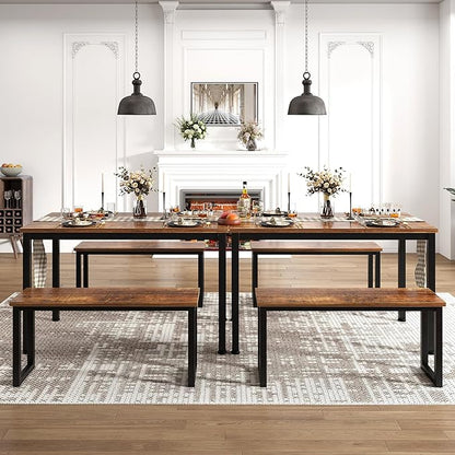 soges 39.4 in Kitchen Table Set with 2 Benches, Dining Table Set for 4, 3 Piece Wooden Industrial Style Dining Room Table and Long Benches, Breakfast Table Coffee Table Set, Retro