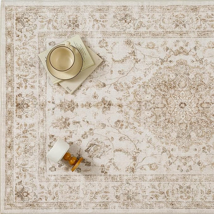 2x3 Beige Area Rug Washable Entryway Vintage Carpet Door Mat Distressed Small Non Slip Low Pile Thin Kitchen Bathroom Medallion Accent Throw Rug Entrance Bedroom Office Living Room