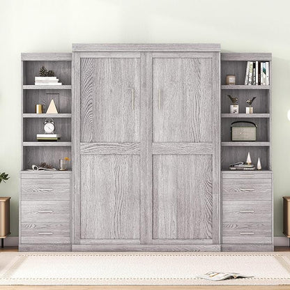 Full Size Murphy Bed with Storage Shelves and Drawers,Easy Fold Wood Wall Bed, Space-Saving Murphy Bed Cabinet for Guest Room Home Office,Gray