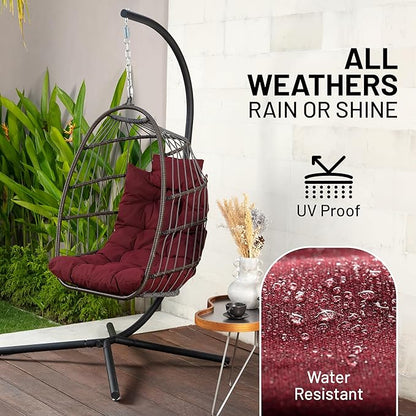 SereneLife Egg Chair with Stand – Hanging Rattan Wicker Swing for Indoor Outdoor Use – 350 lbs Capacity, Breathable Cushion & Headrest – Patio, Balcony, Porch, Bedroom Lounge Furniture