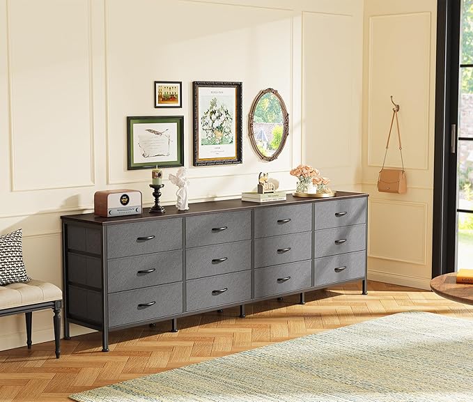 Huuger 70 Inch Dresser for Bedroom, TV Stand for 65, 75, 80 Inch TV, 12 Drawer Long Dresser, Large Storage Organizer Unit, Wide Chest of Drawer with Storage, Fabric Drawer for Living Room, Dark Grey