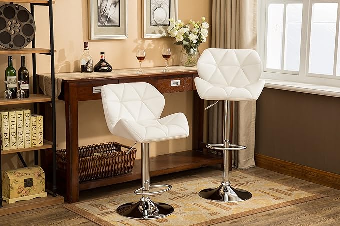 Roundhill Furniture Glasgow Contemporary Tufted Adjustable Height Hydraulic White Bar Stools, Set of 2