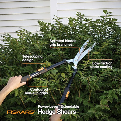 Fiskars Power-Lever Extendable Hedge Shears, Self-Sharpening Serrated Steel Blades for Clean Cuts, Handles Adjust 25"-33" for High Reach, Multiplies Leverage for 2x Power, 10" Blades, Orange/Black