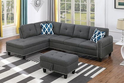 Ball & Cast 98" L Shaped Modular Sectional Couch for Living Room with Chaise & Storage Ottoman,4 Seat Linen Upholstered Sectional Sofa Set 3 PCS W/Cup Holders & Coffee Table,for Home,Office,Dark Gray