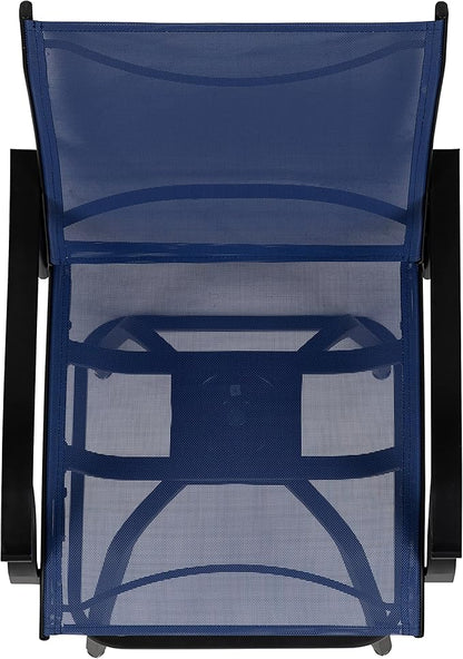 Flash Furniture Valerie All-Weather Swivel Patio Barstools with Footrest and Armrests, Modern Sling Outdoor Bar Height Stools, Set of 2, Navy