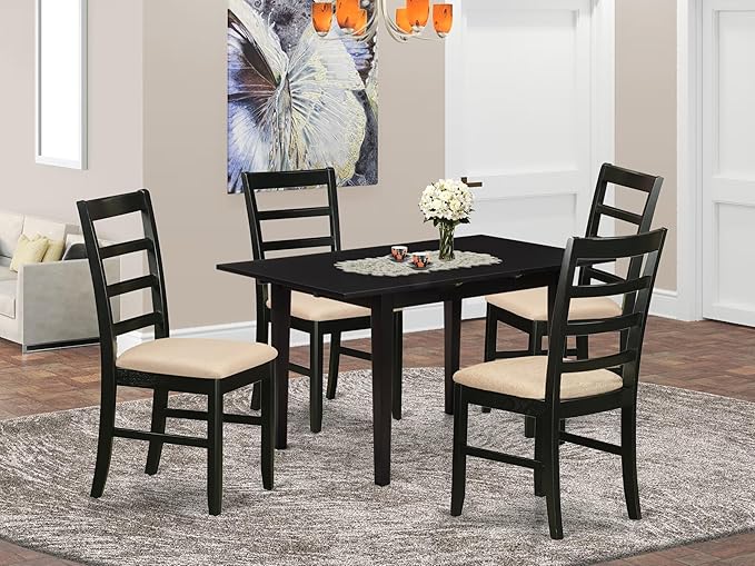 East West Furniture NOPF5-BLK-C 5 Piece Dining Room Furniture Set Includes a Rectangle Kitchen Table with Butterfly Leaf and 4 Linen Fabric Upholstered Chairs, 32x54 Inch, Black