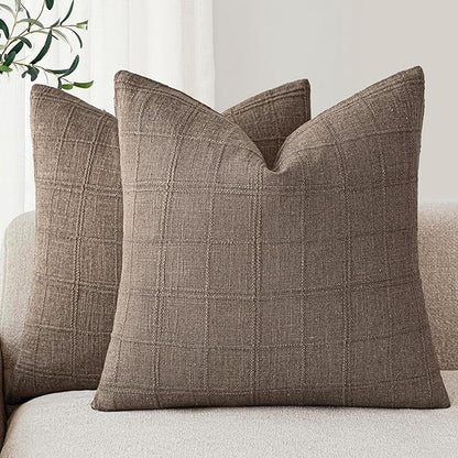 Foindtower Set of 2 Decorative Linen Check Throw Pillow Covers Neutral Farmhouse Vintage Cushion Covers Modern Boho Home Decor for Sofa Chair Couch Bedroom Living Room Outdoor,16×16 Inch,Taupe Grey