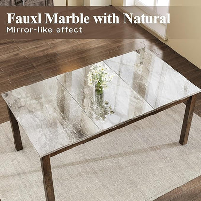 7-Piece Dining Table Set, 71" Faux Marble Kitchen Table with 6 Chairs, Solid Wood Curved Backrests & PU Cushioned Seats, Kitchen Table Chairs Set for Living Room, Dining Room