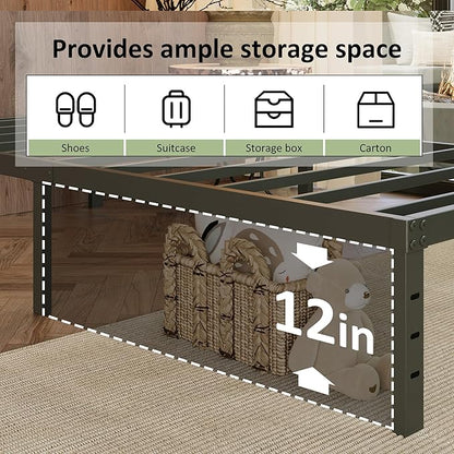 EMODA Queen Bed Frame with Cover No Box Spring Needed, 14 Inch Heavy Duty Metal Platform BedFrame Queen Size with Steel Slats, Easy Assembly