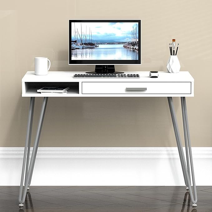 SHW Home Office Computer Hairpin Leg Desk with Drawer, White