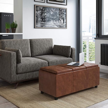 SIMPLIHOME Avalon Storage Ottoman - 42 inch Wide Upholstered Vegan Leather Rectangular Flip-Top Ottoman in Distressed Saddle Brown, Contemporary Coffee Table Ottoman for Living Room with Storage