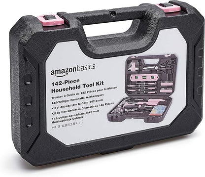 Amazon Basics 142-Piece Household Tool Kit for Home Repair,Hand Tools with Storage Case,13.39 x 9.25 x 2.95 inch,Pink,(Pack of 4)