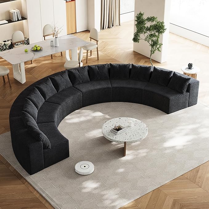 KEIKI Corduroy Curved Sectional Sofa, 6 Seater Symmetrical Modular Semi Circular Couch, Deep Seat Tufted Corner Sofa for Living Room, Lobby, Black