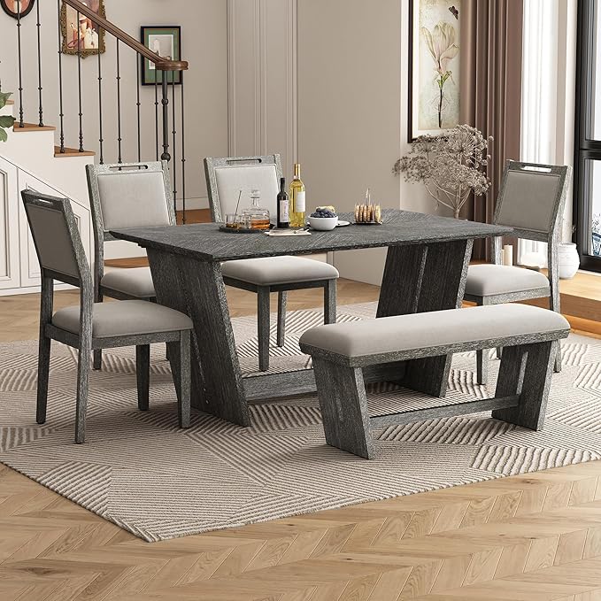 Merax 6-Piece Retro Dining Set, 1 Rectangular Table with Stable Trapezoidal Table Base and 4 Upholstered Chairs and 1 Bench for Dining Room and Kitchen, Antique Gray