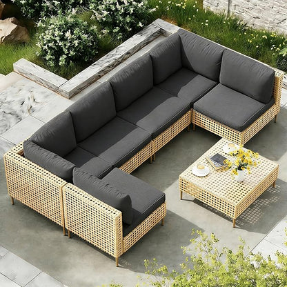 LHBcraft 7-Piece Wicker Outdoor Patio Furniture Set, Modular Rattan Outdoor Furniture, Patio Conversation Sets, Handmade Rattan, Water Resistant Fluffy Cushions and Coffee Table, Black