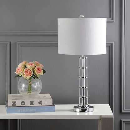 JONATHAN Y 26" Clear Crystal and Chrome LED Table Lamp, Modern Glam Pillar Bedside Lamp with White Linen Drum Shade for Living Room Bedroom, LED Bulb Included JYL2053A