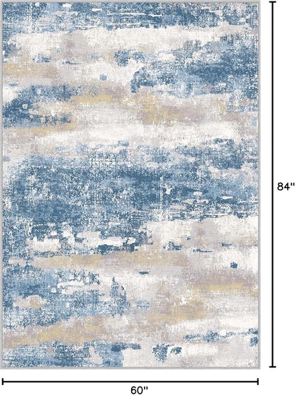 Area Rugs 5x7 for Living Room Bedroom, Modern Abstract Machine Washable Soft Blue Rug, Floor Carpet with Non Slip Backing for Dining Room