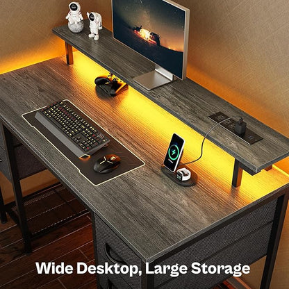 Huuger 47 inch Computer Desk with 4 Drawers, Gaming Desk with LED Lights & Power Outlets, Home Office Desk with Large Storage Space for Bedroom, Work from Home, Grey