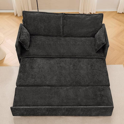 Furnimart 59.5" Queen Size Pull Out Sofa Bed, 3 in 1 Convertible Sleeper Bed with USB/C-Type Charging Ports & Side Pockets, Modern Futon Couch for Living Room, Apartment, RV, Chenille Black