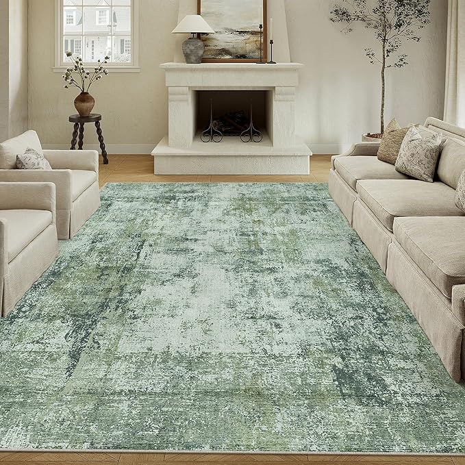 8x10 Washable Area Rug Dark Green Modern Neutral Abstract Living Room Bedroom Indoor Floor Carpet Low Pile Soft Non-Slip Lightweight Vacuumable Large Throw Rug for Nursery Dining Room