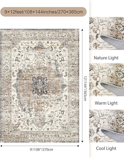 9x12 Area Rugs for Living Room,Ultra-Thin Washable Rug, Non-Slip Lightweight Foldable Area Rug, Stain Resistant Vintage Large Rugs(Brown/Grey,9'x12')