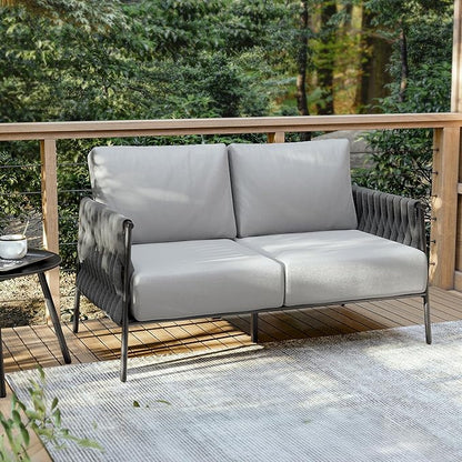 EAST OAK Outdoor Furniture | Life Chatter Loveseat | 2 Seater Sofa with 6.7" Thick Washable Cushions | Deep Seating Patio Furniture for Garden, Porch, Balcony & Backyard | Misty Grey