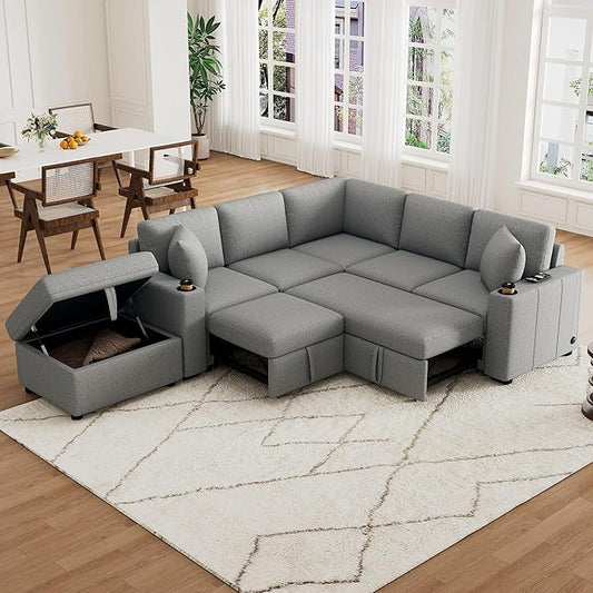 84.7" Symmetrical Convertible Sleeper Sectional Sofa Couch Bed for Living Room 4 Seater L Shaped Reversible Pull Out Sleeper Sofabed with Movable Ottoman ,2 Cup Holders ,USB Ports, Detachable Backrest