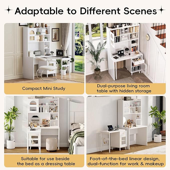 Merax Computer Desk with 90 Degree Rotating Desktop, L Shaped Office Desk with Storage Drawer and Cabinets, Writing Desk with Shelves for Study, Work Desk for Office Bedroom Living Room, White