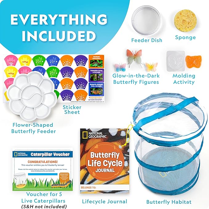 National Geographic Ultimate Butterfly Growing Kit – Build a Habitat & Watch Caterpillars Transform, Includes Live Caterpillar Voucher, Cage, Feeder, Glow-in-The-Dark Figures, Hands-On Activities