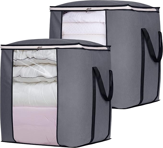 SLEEPING LAMB 120L Extra Large Blanket Storage Bags Breathable Clothes Storage Containers for King Comforter Bedding Pillow Sheet, Grey, 2 Packs