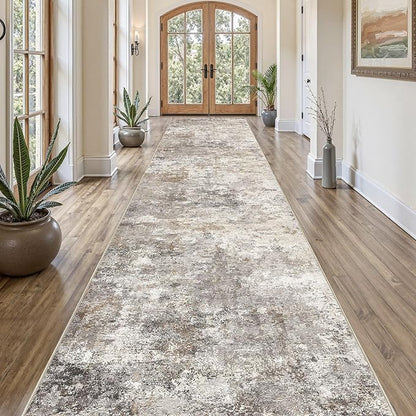 3X16 Washable Runner Rug for Hallway: Soft Neutral Modern Abstract Area Rug - Non-Slip Low Pile Long Throw Indoor Carpet for Kitchen Entryway Kitchen Bedroom Laundry - Brown Grey
