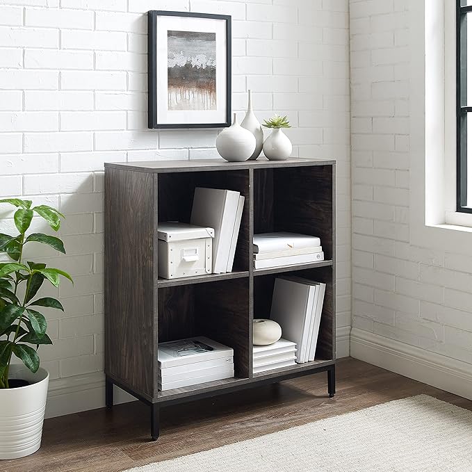 Crosley Furniture Jacobsen Storage Cube Bookcase and Record Player Stand with Vinyl Records Holder, Brown Ash